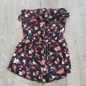Mossimo Black and Orange Floral Strapless Ruffle Romper.
